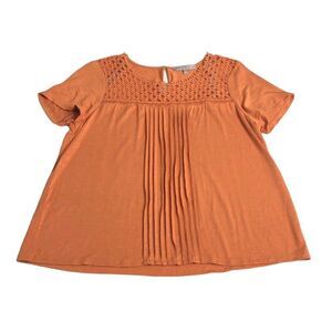 Daniel Rainn Top Womens Large Orange Sabrina Lace Neck Knit Pleated Boho Blouse